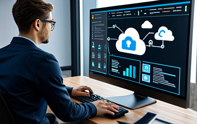 **
"A modern office scene showcasing data security. A fully clothed IT professional in a modest, professional outfit is working at a computer with a complex firewall graphic displayed on the screen. In the background, stylized icons representing cloud storage and data encryption float in the air. Safe for work, appropriate content, professional, perfect anatomy, correct proportions, well-formed hands, natural pose."
**