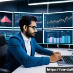 데이터 분석과 머신러닝의 통합 방안 - A professional data scientist working at a modern desk surrounded by multiple screens displaying col...