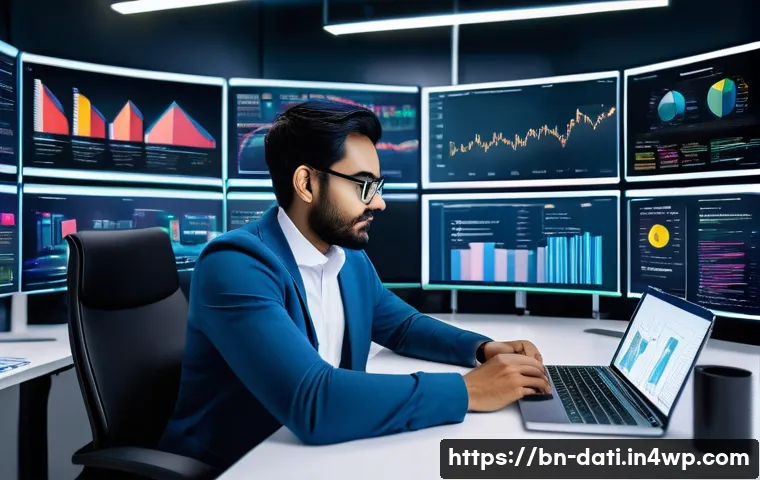 데이터 분석과 머신러닝의 통합 방안 - A professional data scientist working at a modern desk surrounded by multiple screens displaying col...